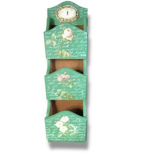 Vintage Wood Wall Pocket Letter Organizer Key Hanger Upcycle Cottage Floral